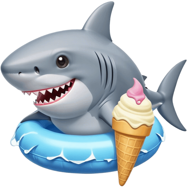 Shark wearing pool floatie and holding ice cream emoji