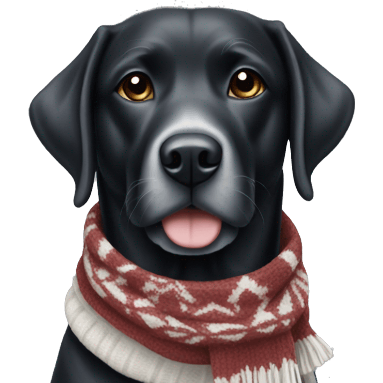 Black and white lab wearing a winter scarf emoji