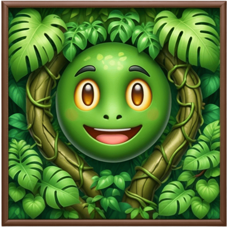 Cinematic Realistic Rainforest Emoji in a wooden frame, Lush and vibrant, filled with towering trees, thick vines, and dense green foliage, sunlight filtering through the canopy above, creating dappled patches of light on the rich, diverse undergrowth. The air is heavy with moisture, with mist rising from the forest floor and distant calls of exotic birds and animals echoing through the trees. Soft glowing outline, capturing the essence of a thriving, untamed tropical paradise filled with life! emoji