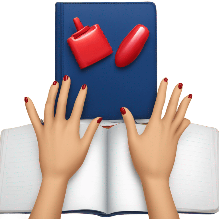 a hand with a red manicure holds a dark blue diary emoji