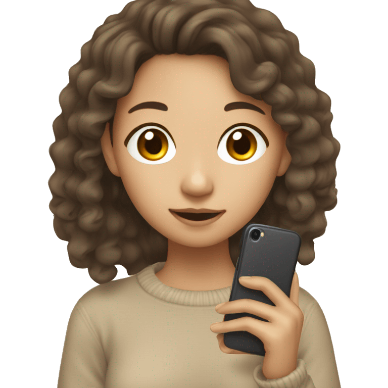 asian girl with long brown curly hair wearing beige pullover using phone emoji