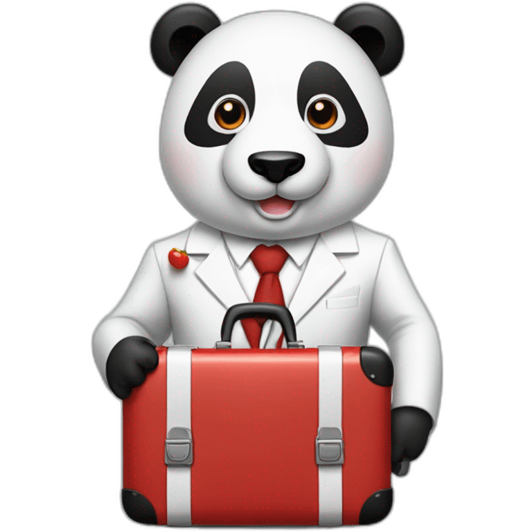 A man with white suit and red tie and a panda face eating a hotdog and holding a black suitcase emoji