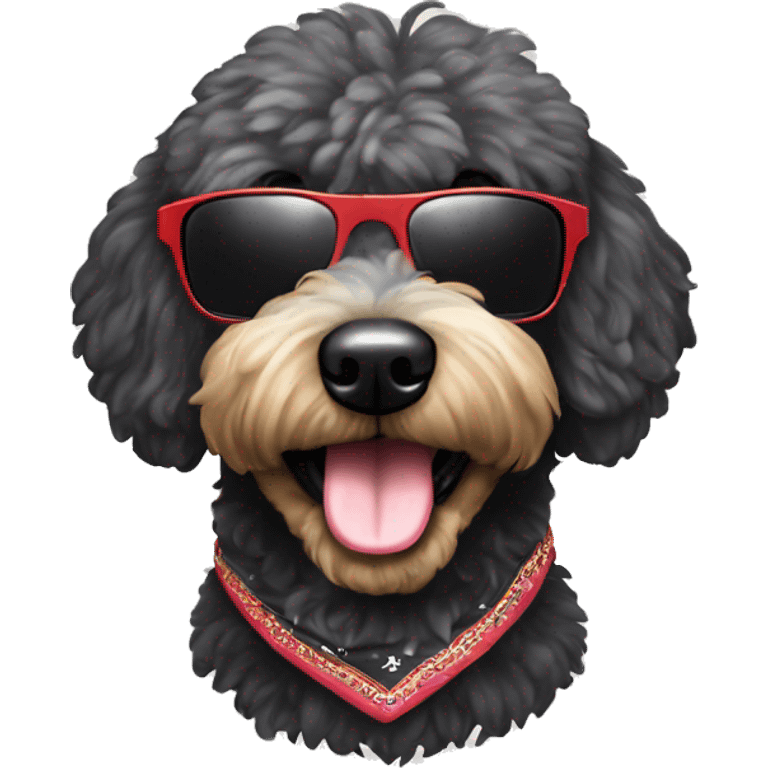 BLACK golden doodle wearing sunglasses with a big smile with human like teeth. Also with a bandanna around its neck that says mums favourite  emoji