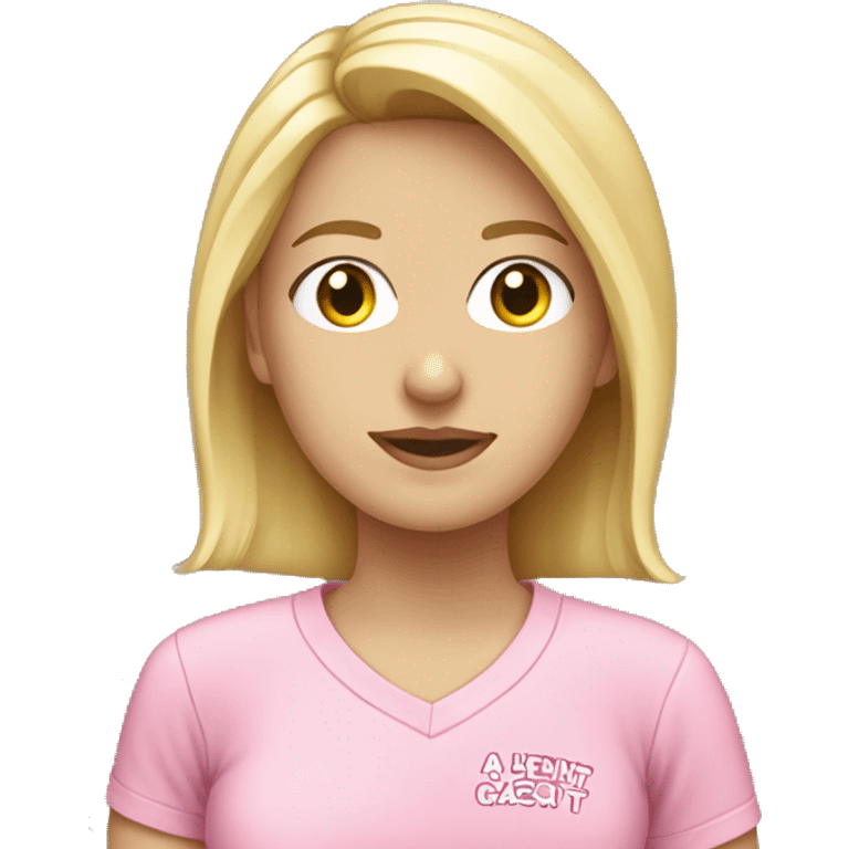 Caucasian blonde girl wearing breast cancer shirt emoji