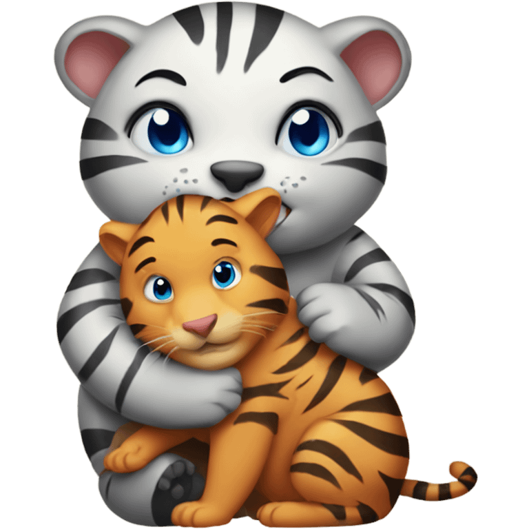 Cute tiger with blue eyes hugging a wombat emoji