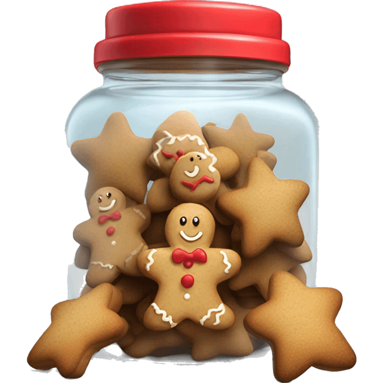 Realistic glass cookie jar with red lid full of star shaped gingerbread cookies isolated. emoji