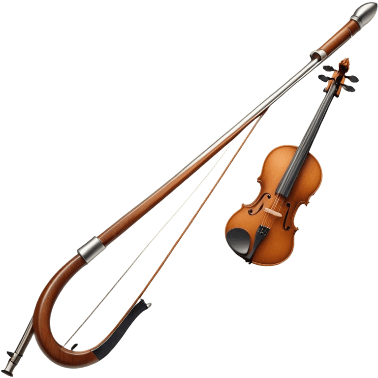 Create a detailed emoji representing a cello bow. The design should feature the elegant and slender shape of the bow, with visible intricate details like the fine wood texture, the metal ferrule, and the soft horsehair stretched tightly across it. Include subtle accents like the leather grip near the frog and delicate wooden finish. The bow should have a classic, polished look, with a touch of sophistication. Use warm wooden tones, silver, and black to highlight the craftsmanship of a professional cello bow. The background should be transparent. emoji