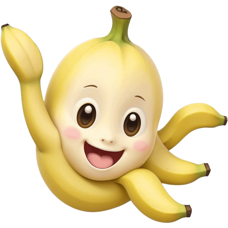 Cute Kawaii Banana, slightly curved, soft pastel yellow, cute giggling face with big round eyes, tiny arms waving happily, a peeled section revealing a smiling expression! emoji