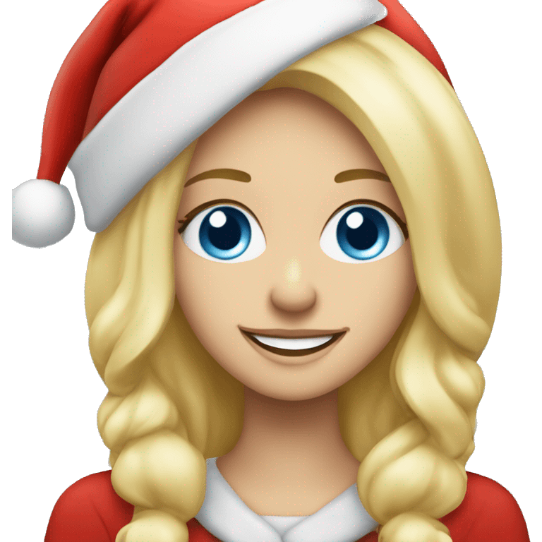 Beautiful blonde blue eyed woman smiling wearing red santa hat emoji