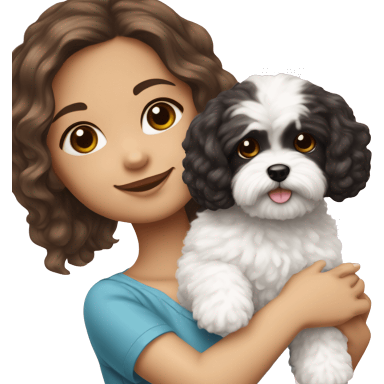 American girl with brown hair holding a black and white fluffy maltipoo dog ￼ emoji