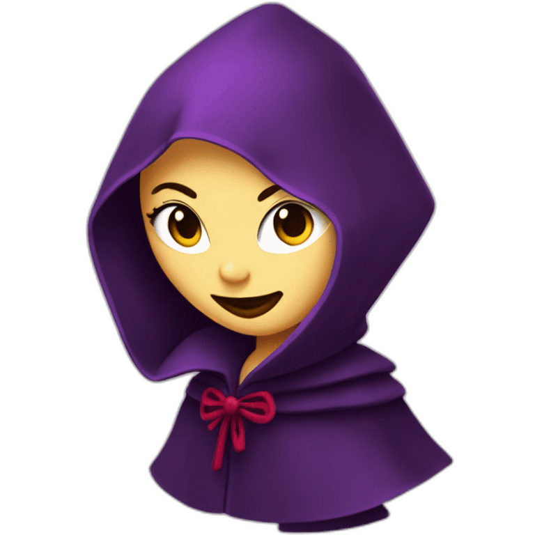 Villainess, purple hodded robe, eyes covered, red lips, wicked grin emoji