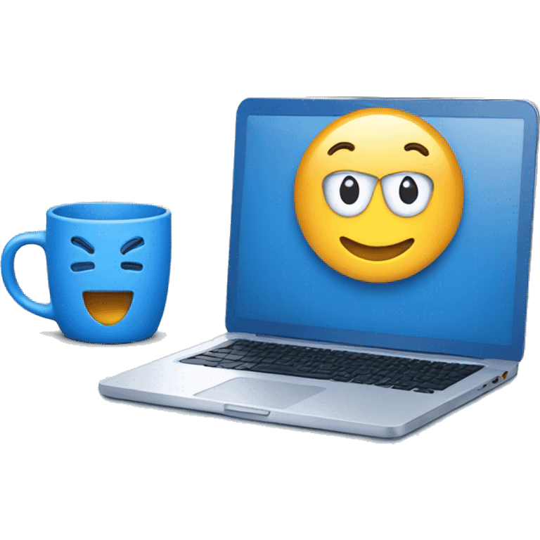 Emoji with a laptop and mugs representing the software development process and teamwork in blue color emoji