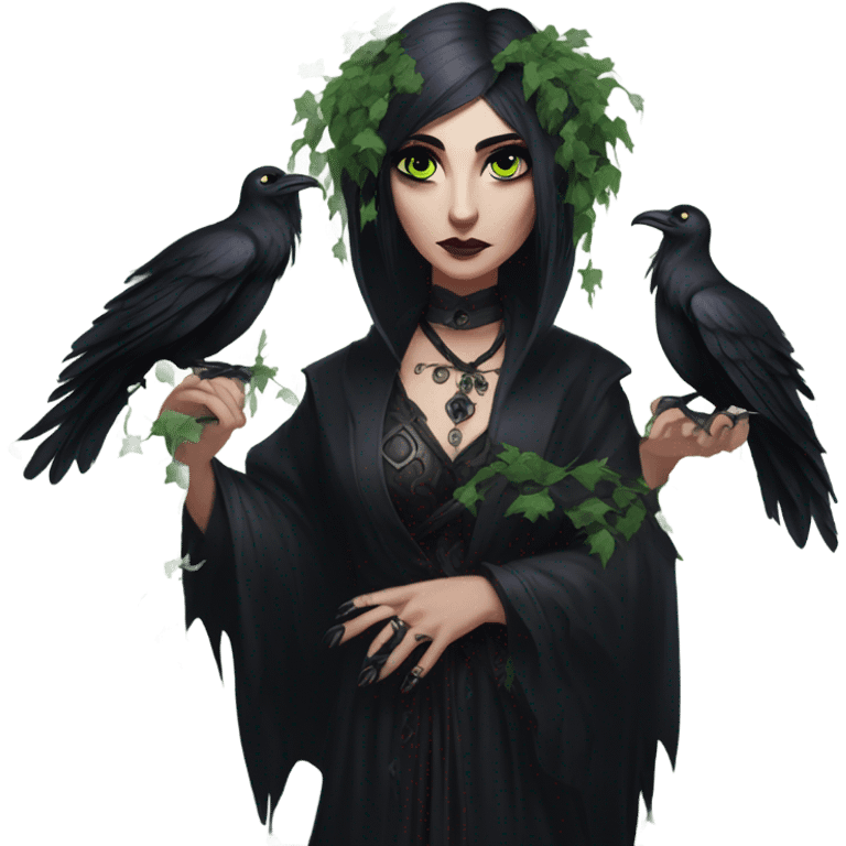 the morrigan goth woman version vines style furr robe stylish boots, perfect eyes, raven on hand, green vines decor on ground emoji