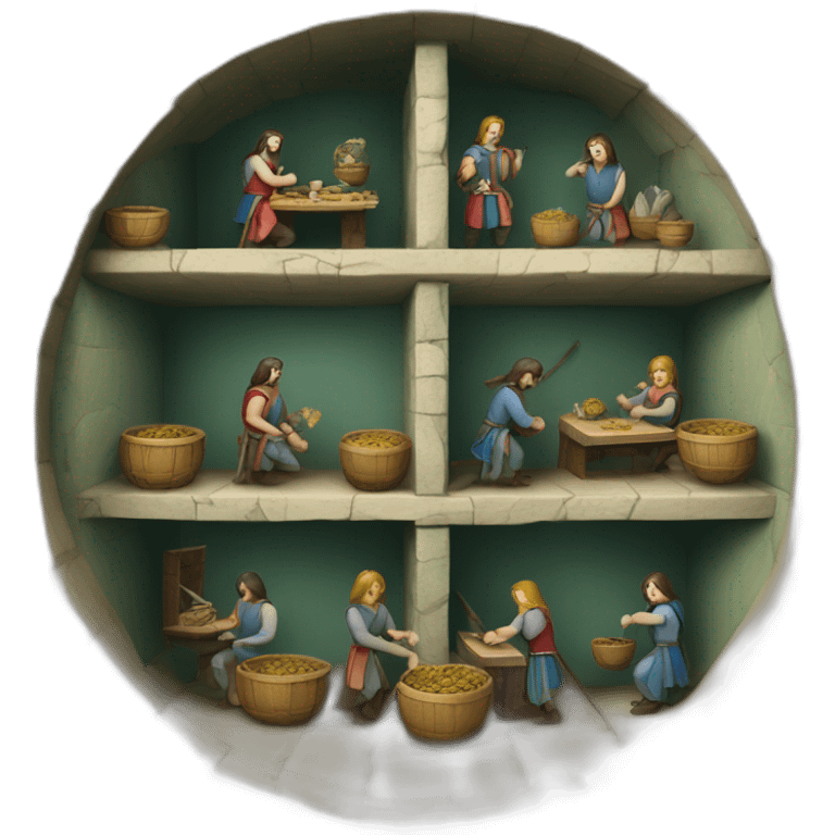 inside of a medieval mint showing different people working inside emoji