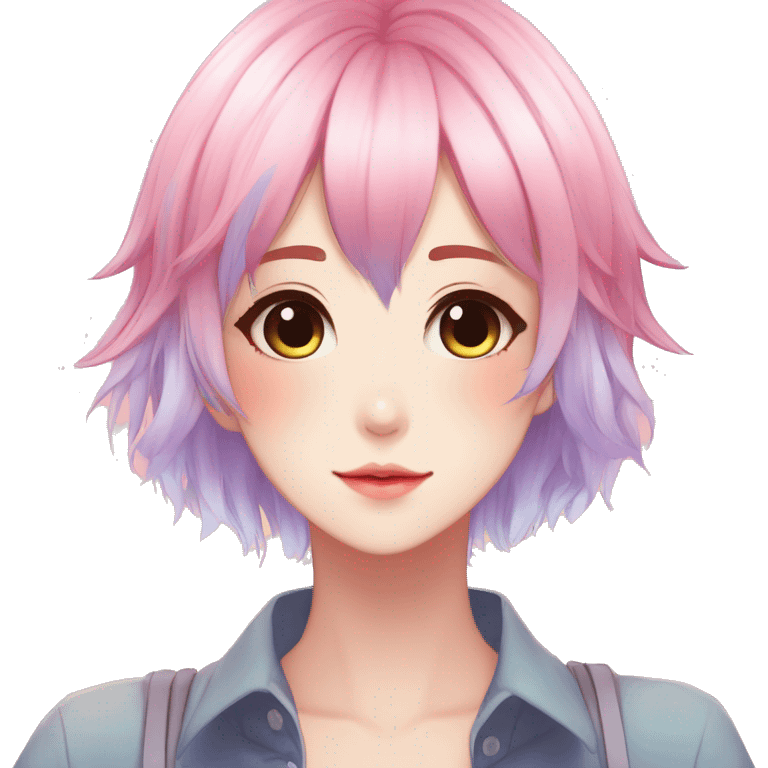 Gorgeous anime style shojo character with blushing face aesthetic and pretty colorful shiny gradient pastel hair with hair garment trending style emoji