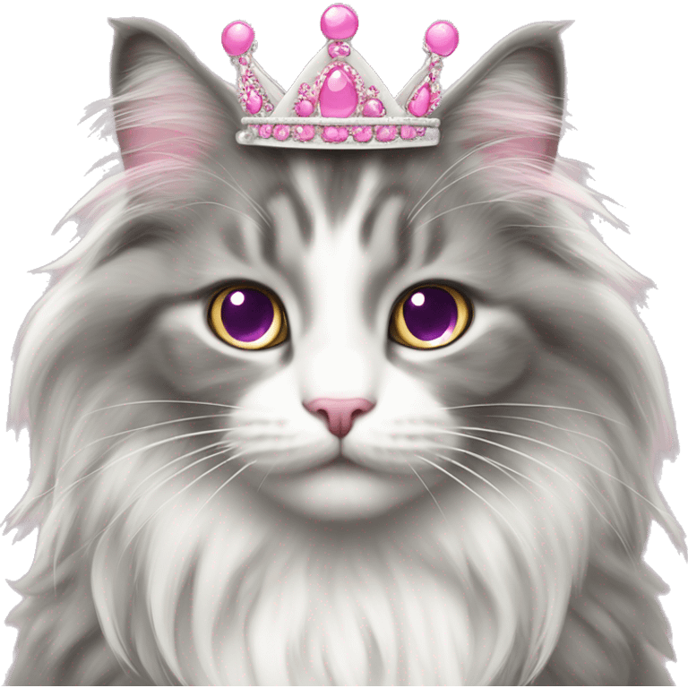 Gray and white Norwegian Forest Cat with a princess tiara and pink bow emoji