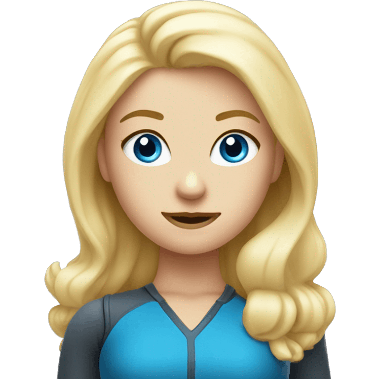 blonde girl with blue eyes like a super hero with building  Sales department emoji