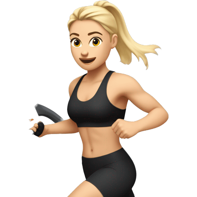 Girl with blonde hair in a ponytail running on a treadmill, she is wearing black leggings and a black sports bra emoji