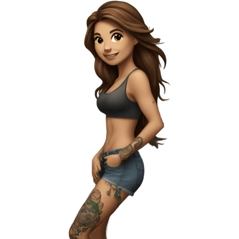 Beautiful tattooed woman long brown hair climbing rocks emoji