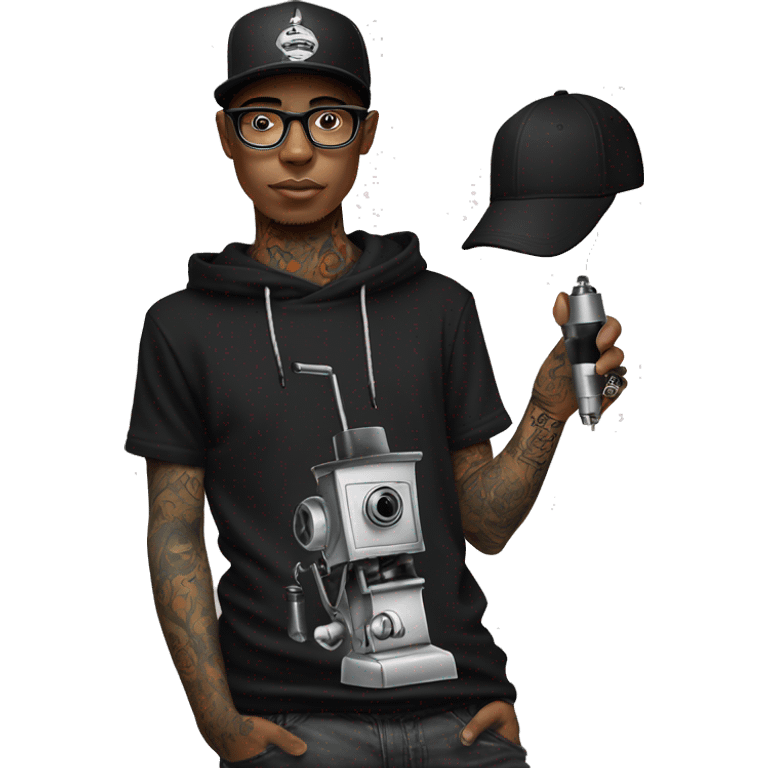 black cap, hoodie and glasses boy tattoo artist  holding tattoo machine emoji