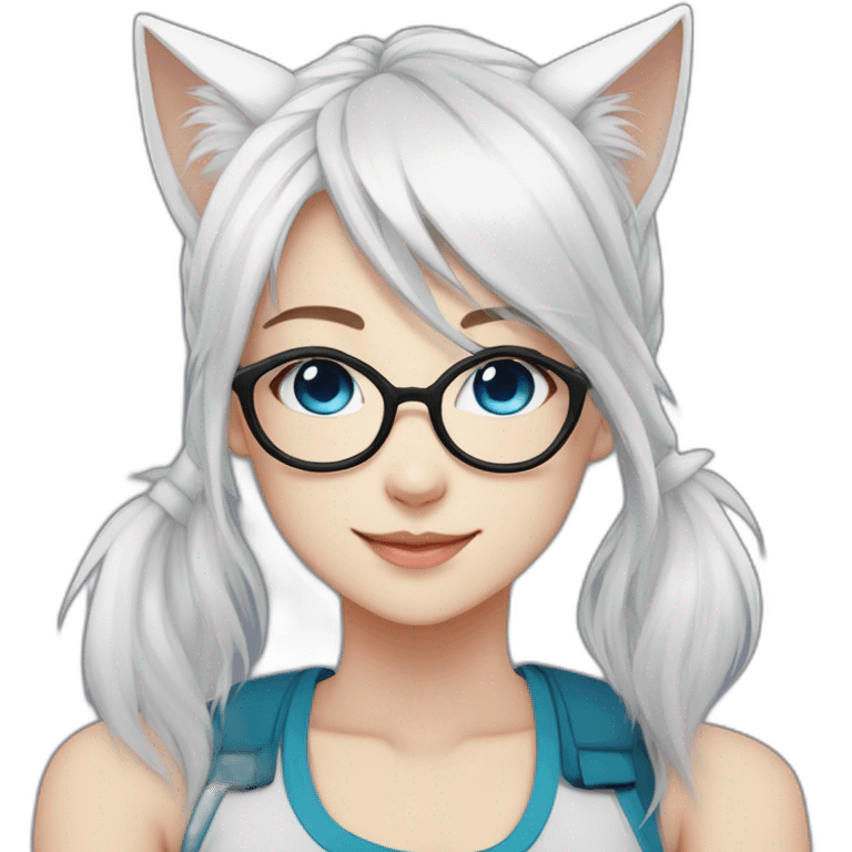 anime style white hair catgirl, black glasses, tank top, pony tail hair, blue eyes emoji