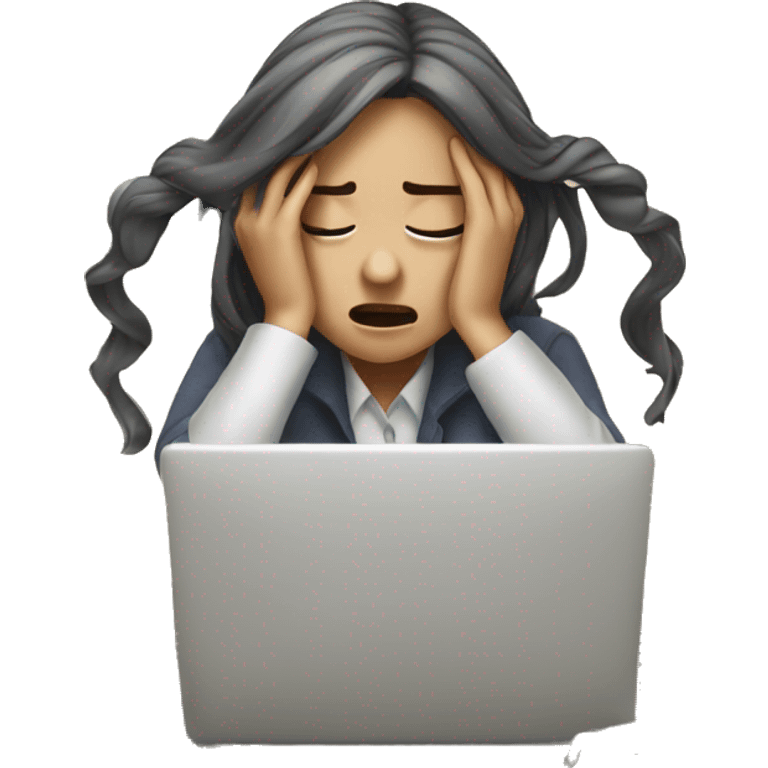 girl frusturated at her desk with hands on her head, 3/4 prespective emoji