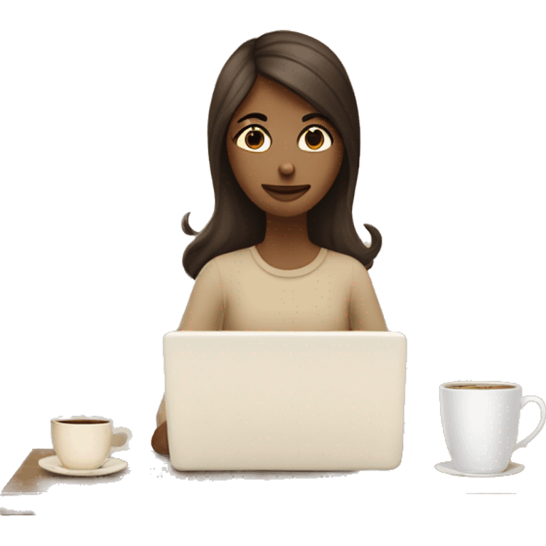 Half face of a girl at the laptop. A a cup of coffee on the left side of the table. Books on the right side. in beige tones emoji