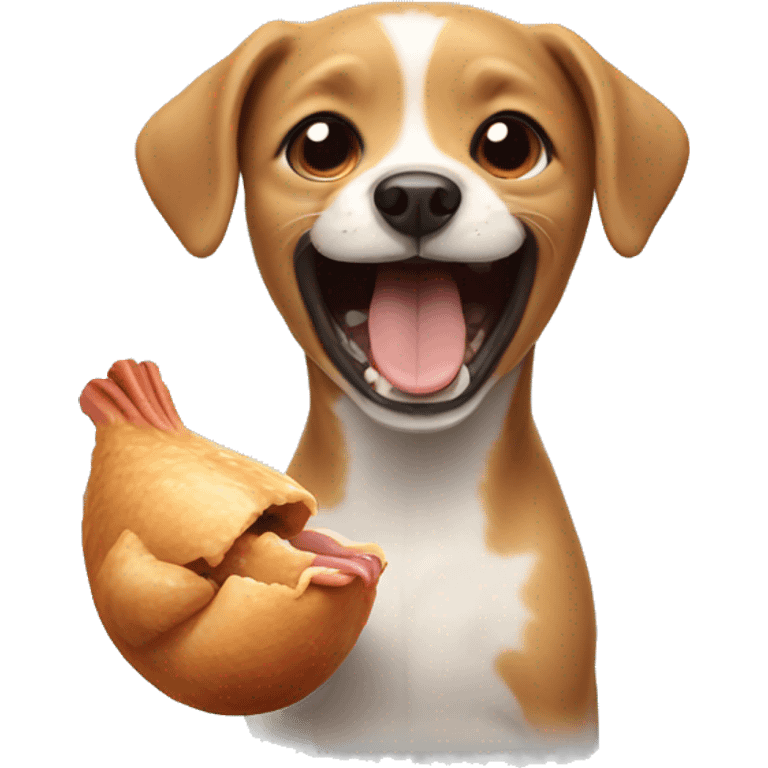 cute small dog laughing holding a chicken leg emoji