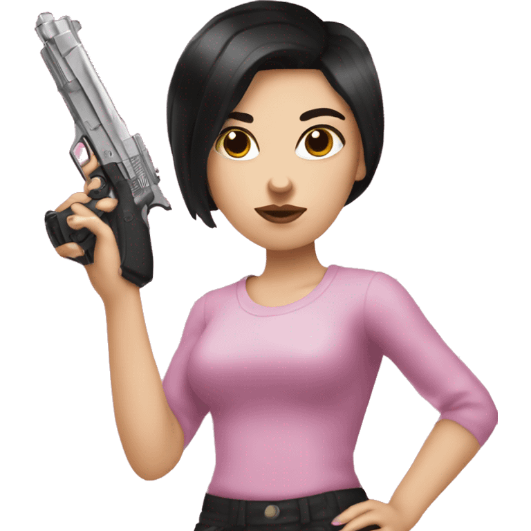 White Girl with black hair hand pink nails holding pink gun emoji