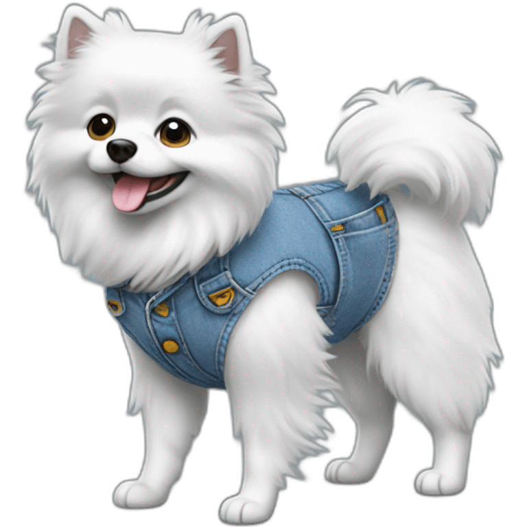 Gray small spitz walking in overalls emoji