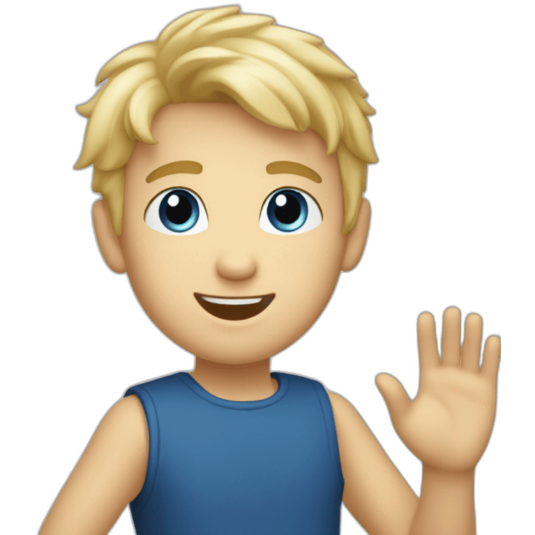 Blonde boy with medium short hair, blue eyes, waving hi to the camera emoji