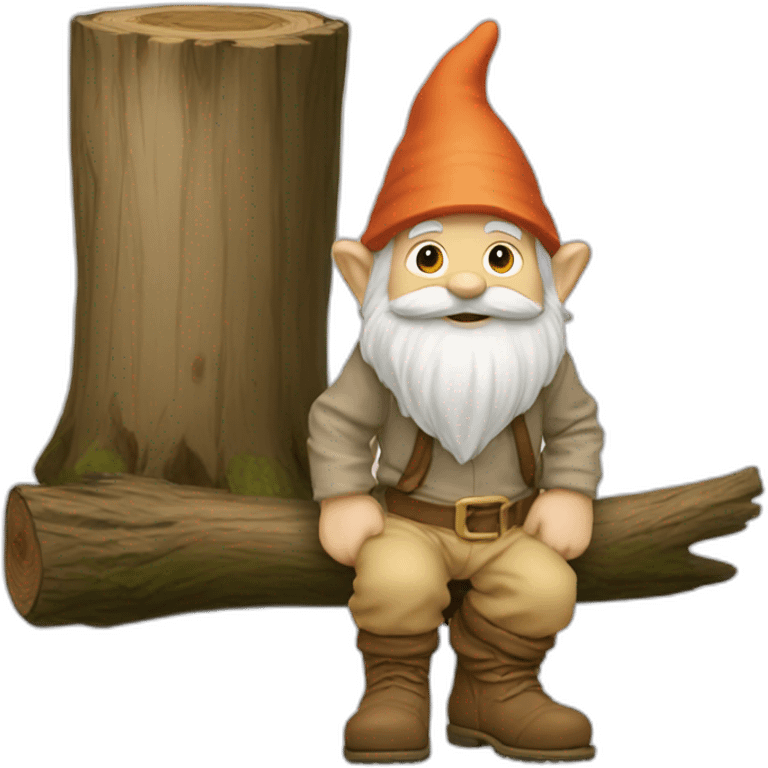 side view of gnome with light tan pants and light tan boots squatting in front of small brown log emoji