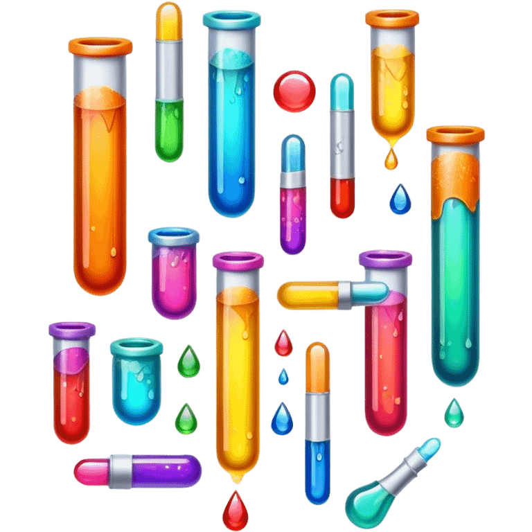 Create an icon that represents decorative arts using epoxy resin in tubes. The design should feature colorful tubes of resin, including fluorescent resin tubes, with visible drops or strokes of resin being applied to create intricate designs. Include examples of finished resin jewelry or decorative pieces, such as pendants, rings, or abstract art. The composition should feel vibrant and artistic, highlighting the creative and glowing nature of resin crafting. The background should be transparent. emoji