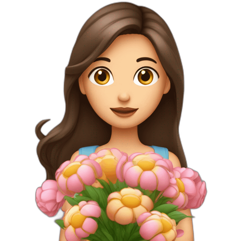 Fille brune aux cheveux longs, avec des yeux marrons foncés, avec un bouquet de fleurs dans les mains emoji