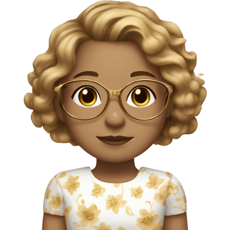 girl with light brown wavy hair, with gold glasses and hazel eyes, in white floral dress emoji