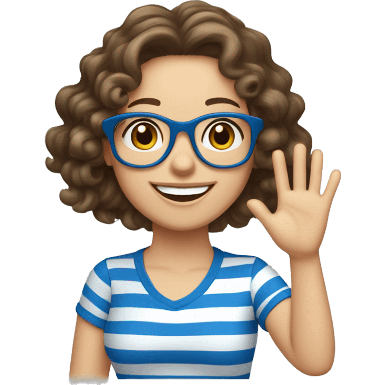 caucasian, curly brunette girl, in blue and white striped shirt and blue glasses, waving and smiling emoji