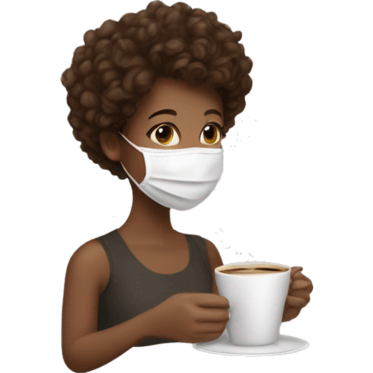 short curly brown hair girl with face mask on sipping coffee emoji