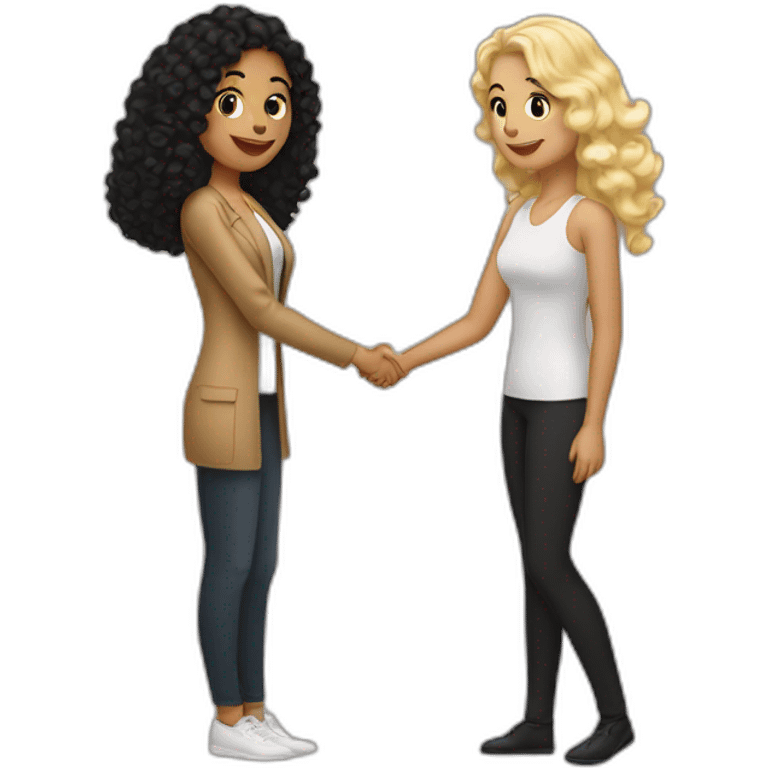 tan woman with black curly hair shakes hands with a woman who has wavy blonde hair emoji