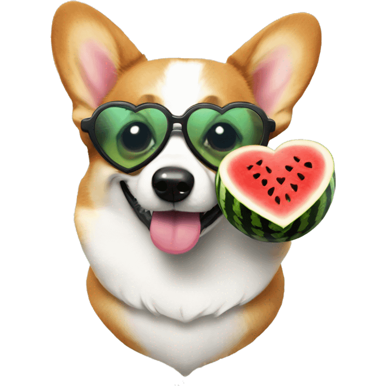 Corgi with heart shaped glasses, eating a watermelon. emoji