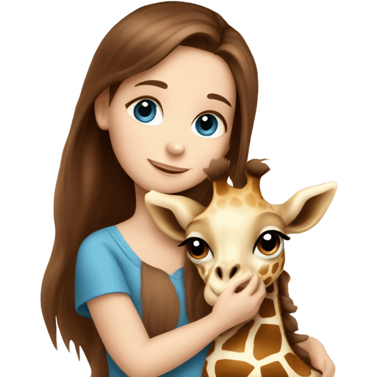 long brown hair girl with blue eyes cuddling a cute baby giraffe emoji