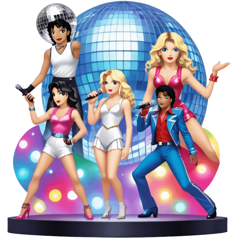 Pop music icon: vibrant stage with bright lights, microphone, synthesizer, disco ball. Collage of famous pop artists—Michael Jackson, Madonna, Britney Spears, and Taylor Swift—symbolizing iconic eras. Energetic and dynamic. Transparent background. emoji