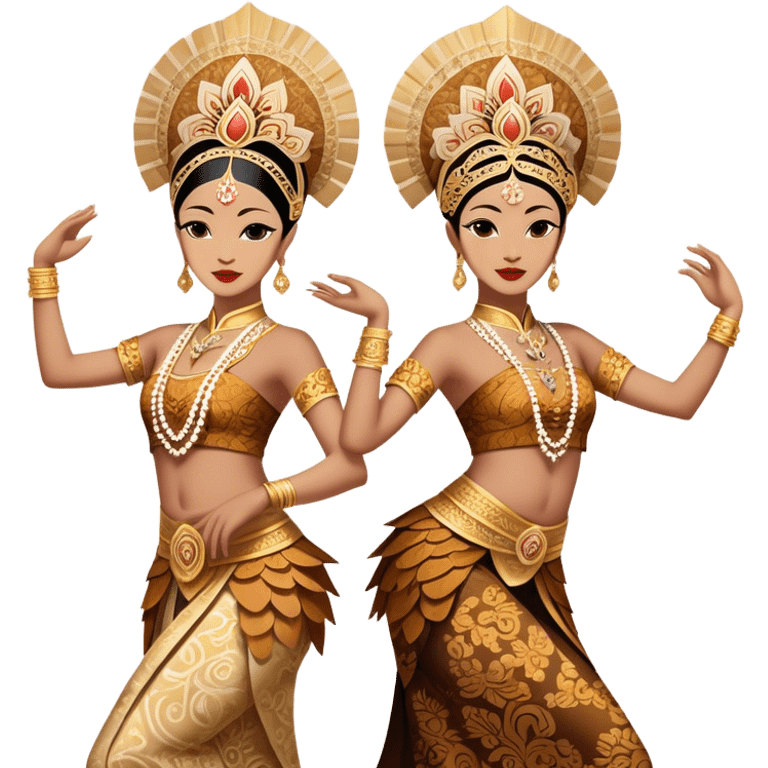 ​Cinematic Realistic Traditional Javanese Dancers, depicted as two graceful dancers in ornate traditional costumes with intricate batik patterns and elaborate headpieces, captured in dynamic poses during a ritual dance in an ancient temple courtyard, rendered with soft golden lighting and rich cultural textures, emoji