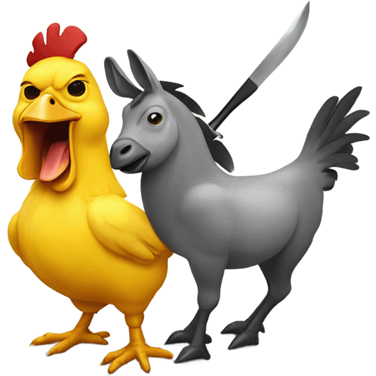 Yellow chicken with donkey head holding knife emoji