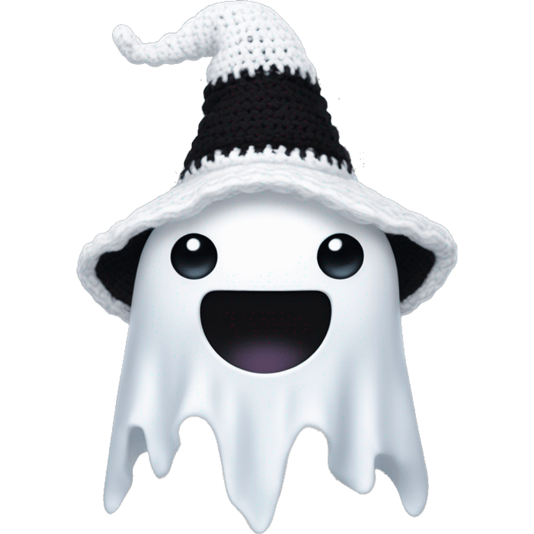 white shaped adorable crocheted ghost. it has only two black pearl shaped eyes (no mouth)  and wearing a black pointy witch hat. emoji