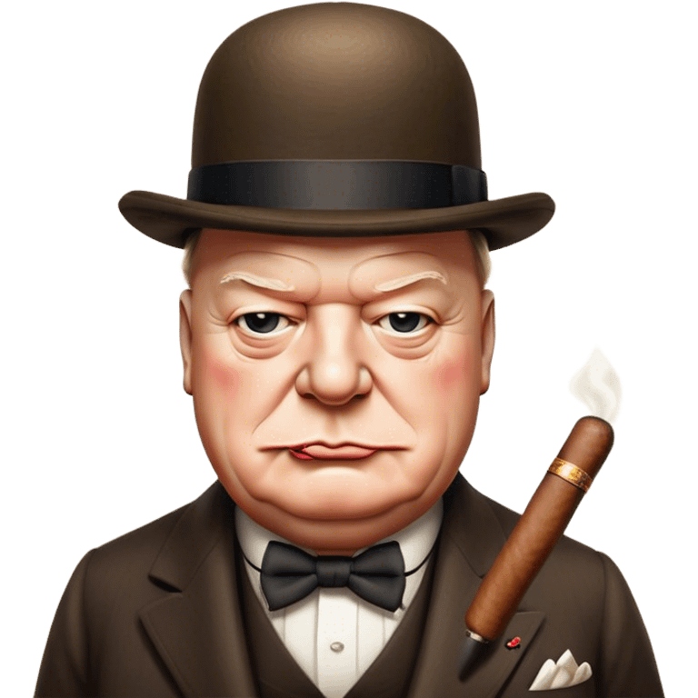 Cinematic Realistic Winston Churchill Portrait Emoji, depicted as a resolute British statesman with a signature bowler hat and a cigar, exuding determined leadership and wartime valor, rendered with lifelike textures and dramatic vintage lighting that captures his iconic British spirit. emoji