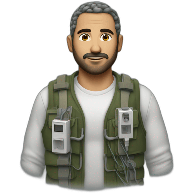 man with keffiyeh wearing bulky vest with electrical wires connecting pockets emoji