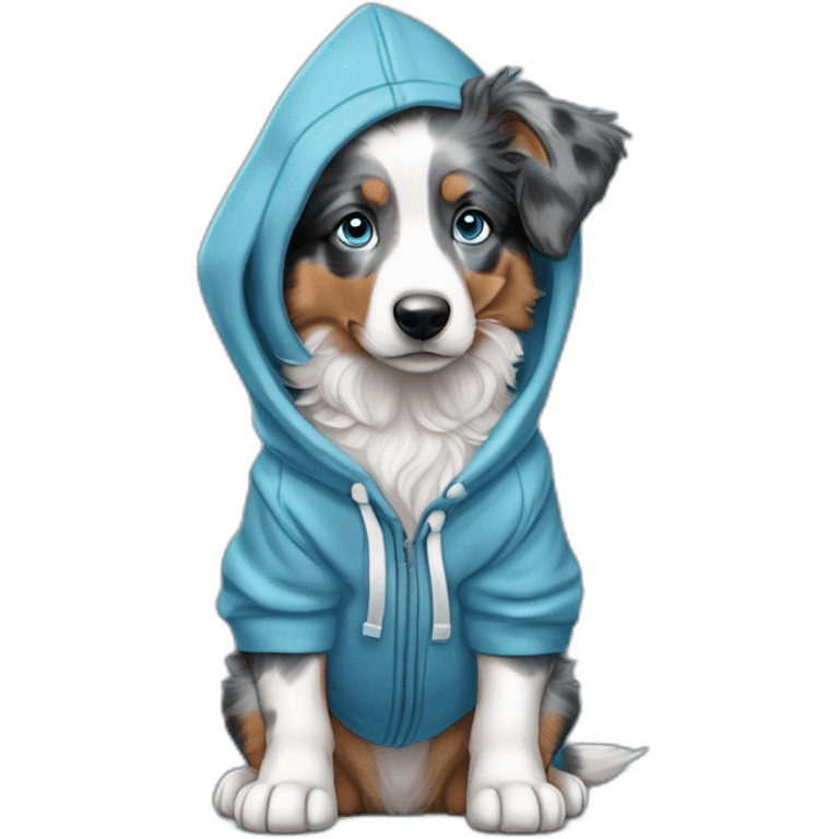 a 6 month old puppy, miniature American shepherd breed, blue merle color, with blue eyes, wearing a blue hooded sweatshirt and a surfboard under his arm emoji