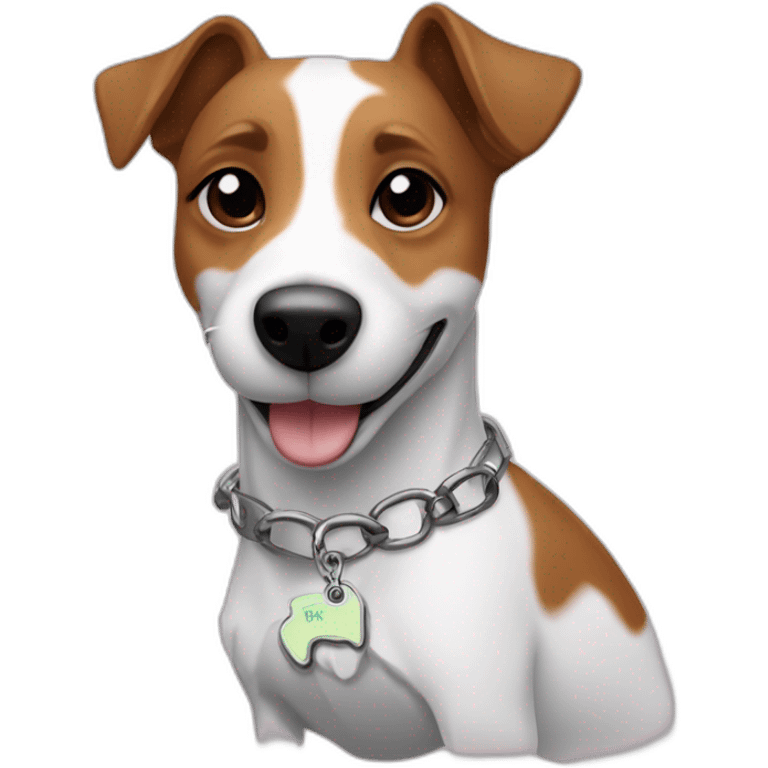 jack russel with a keychain that says kokos emoji