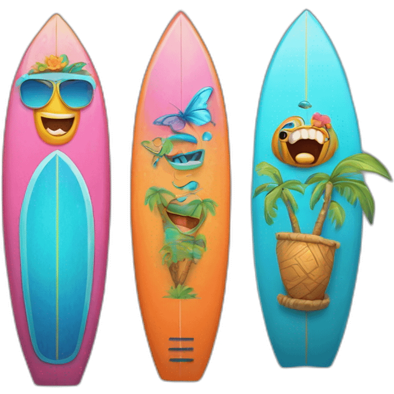 A surfboard Cartoon Blue and orange tiki smiling with butterfly and and Cartoon Blue and pink tiki singing with butterfly and mikrophone emoji