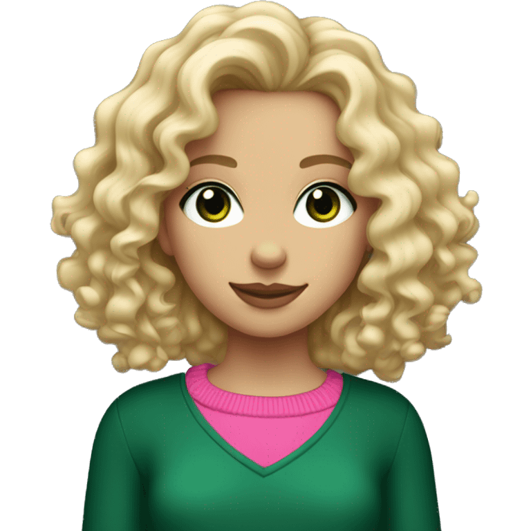 Blonde girl with dark green eyes and curly wavy hair and a jumper color pink emoji